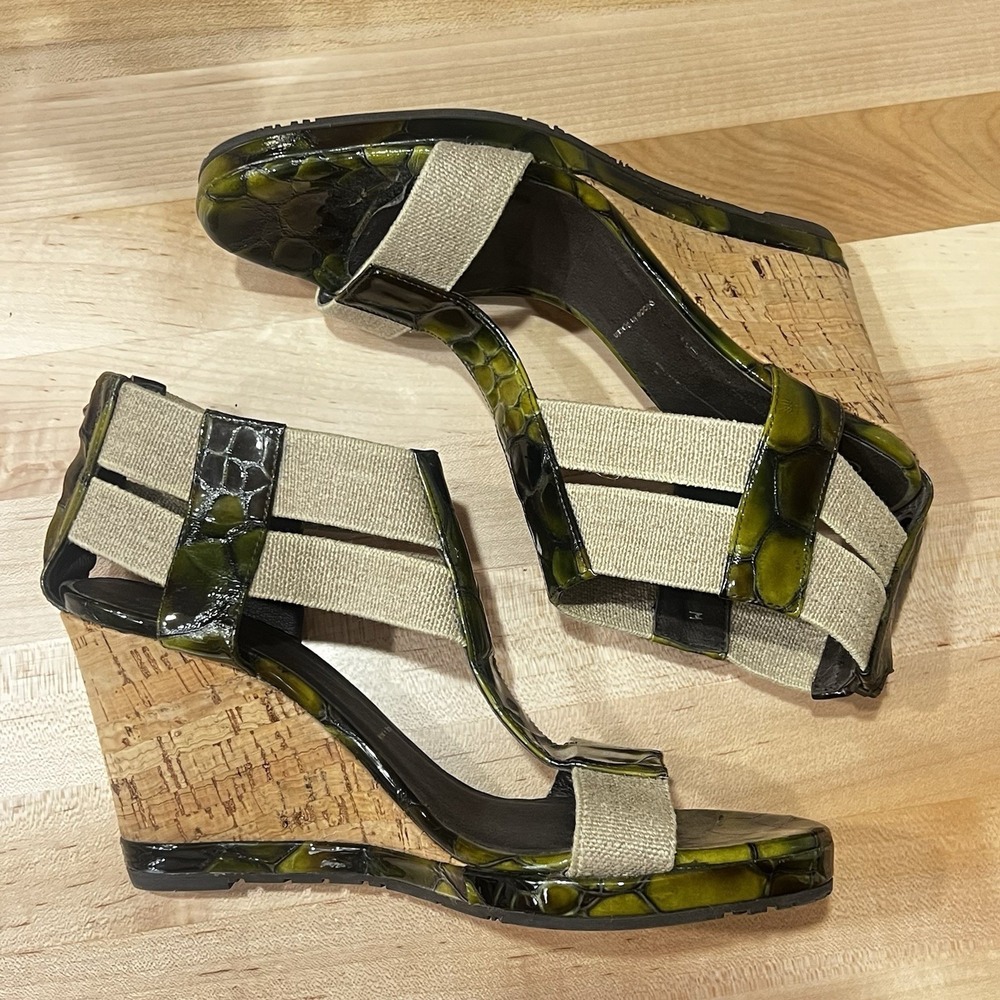 New Donald J Pliner Women's Size 6.5 Green Patent Leather Open Toe Wedge Sandals